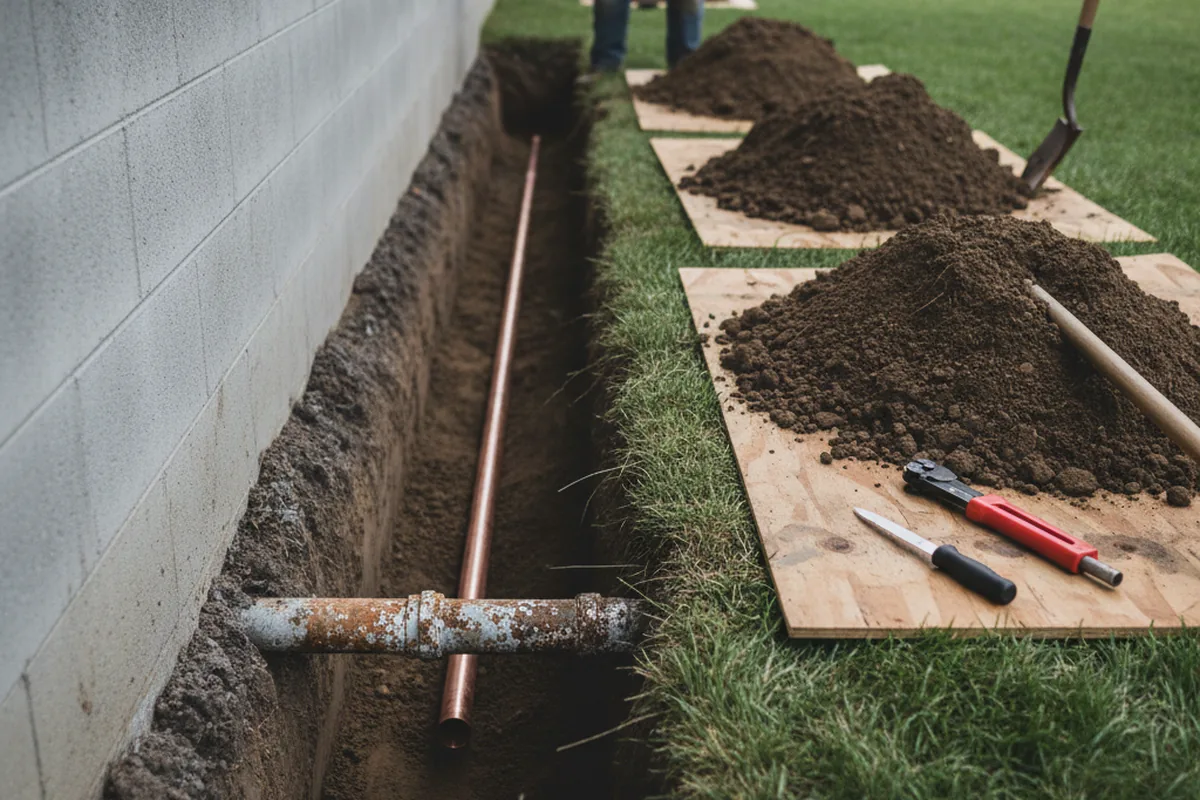 Excavated water line trench during Water Heater Repair in Bethel